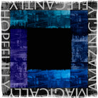 The SUZI ROHER "Elegantly" scarf (145 cm x 145 cm) features abstract blue and black brushstrokes bordering a black center, fringed edges, and bold nine-letter words such as HOPEFULLY and MAGICALLY along the border.