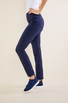 The Best Travel Pants. Side Profile of the Sonia Curvy High Rise Pant in Navy