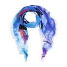 The Kim Soul scarf by SUZI ROHER is a loosely draped, rectangular modal silk piece in blue, purple, white, and red with frayed edges. Made in Italy, it features an abstract painterly pattern crafted with heart and soul.