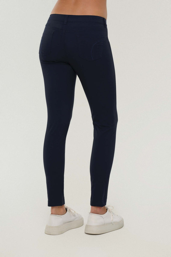 The Best Travel Pants. Back Profile of the Luisa Skinny Jean Pant in Navy.