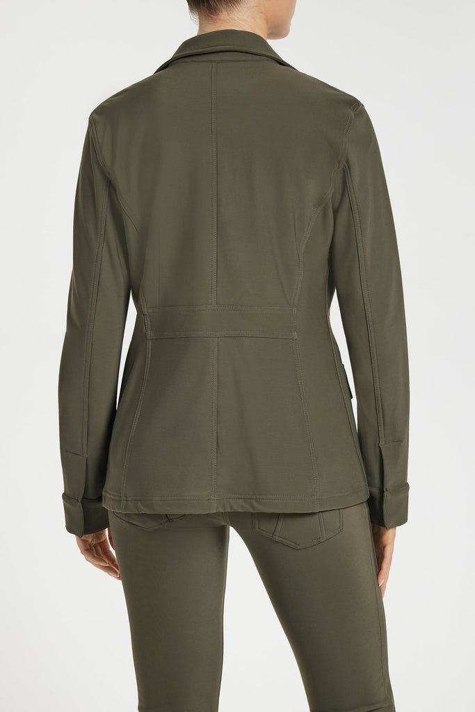 The Best Travel Fleece-Lined Jacket. Woman Showing the Back Profile of a Kenya Cozy Fleece-Lined Jacket in Army Green