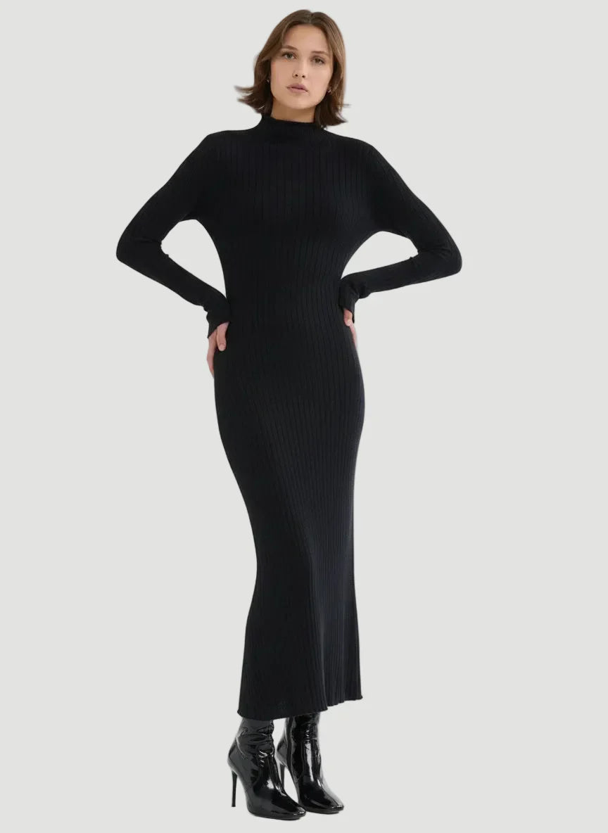 Stretch Organic Cotton Metallic Long Sleeve Mock Neck Midi Dress - DRESS - Majestic Filatures North America