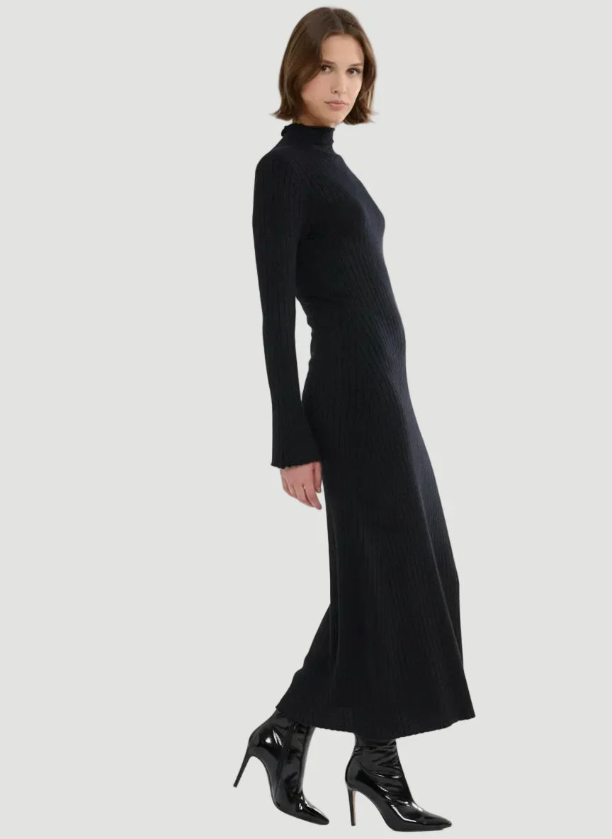 Stretch Organic Cotton Metallic Long Sleeve Mock Neck Midi Dress - DRESS - Majestic Filatures North America