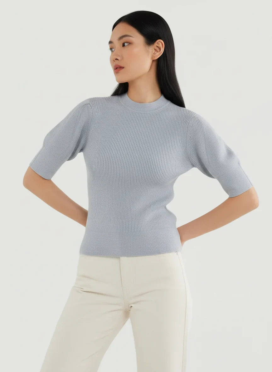 Merino Micro Rib Knit Elbow Sleeve Sleeve Sweater - MOCK NECK ELBOW SLEEVE - Majestic Filatures North America