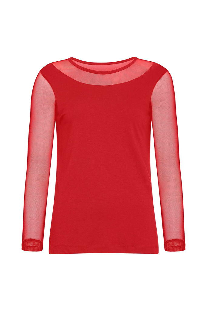 The Best Travel Top. Kim Mesh-Sleeve Top in Pima Modal in Atomic Red.