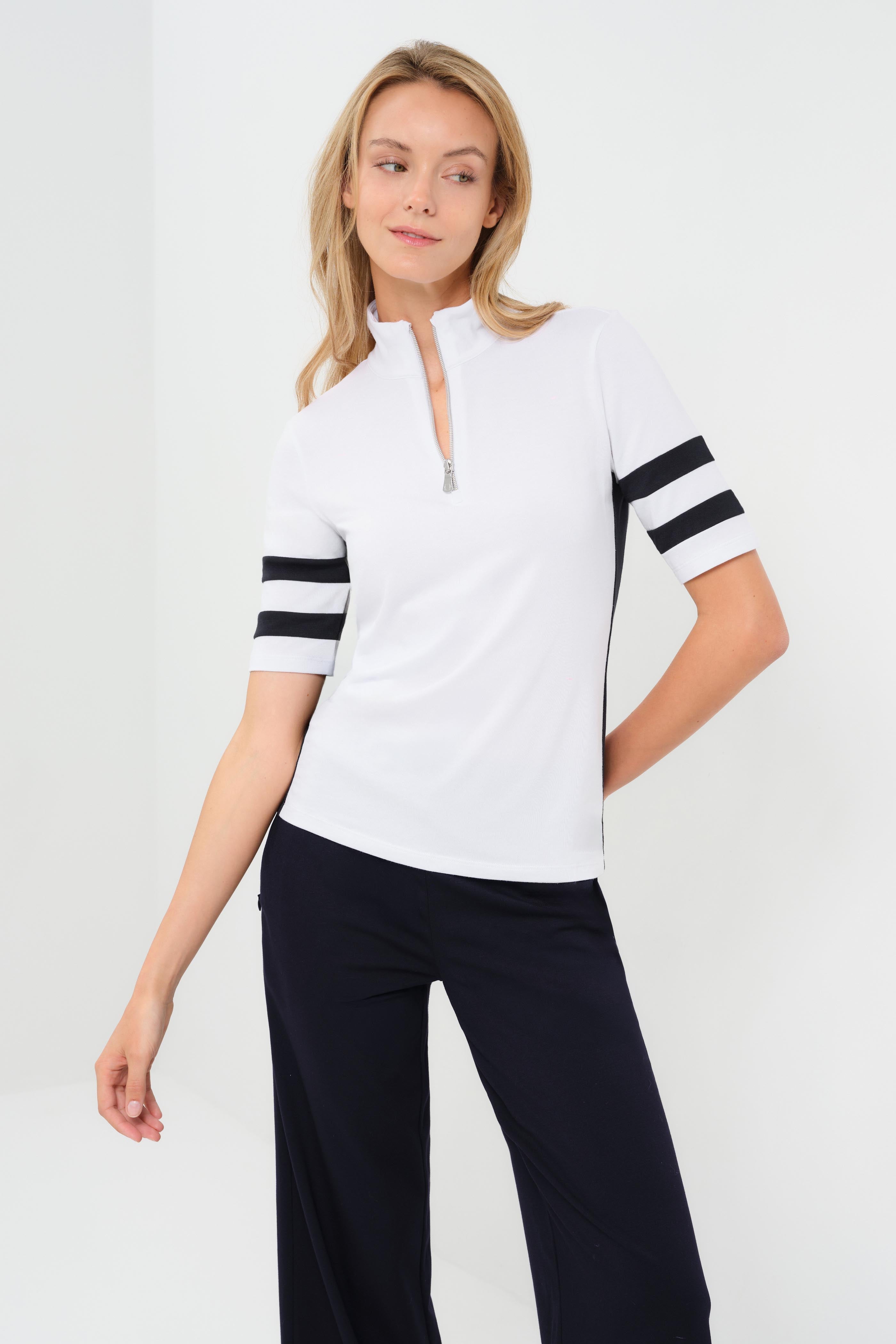 Serena Sport Striped Zip-Up Short Sleeve Top – Frances Kahn