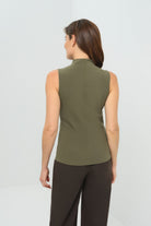 Back view of olive short sleeveless mock neck top