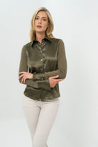 Front view of olive green button-up with collar.