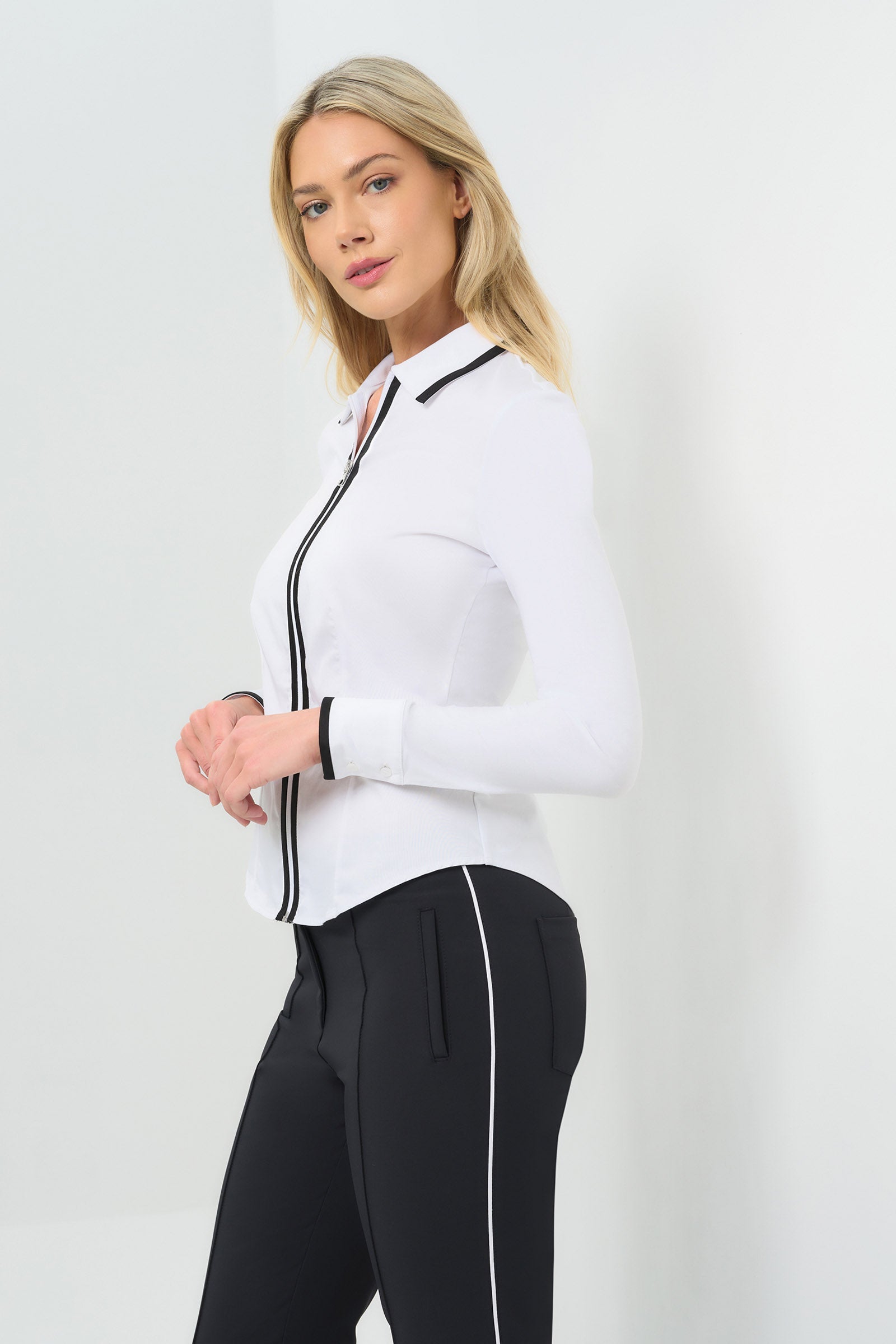 Bruna Collared Zip Top with Poplin Front – Frances Kahn