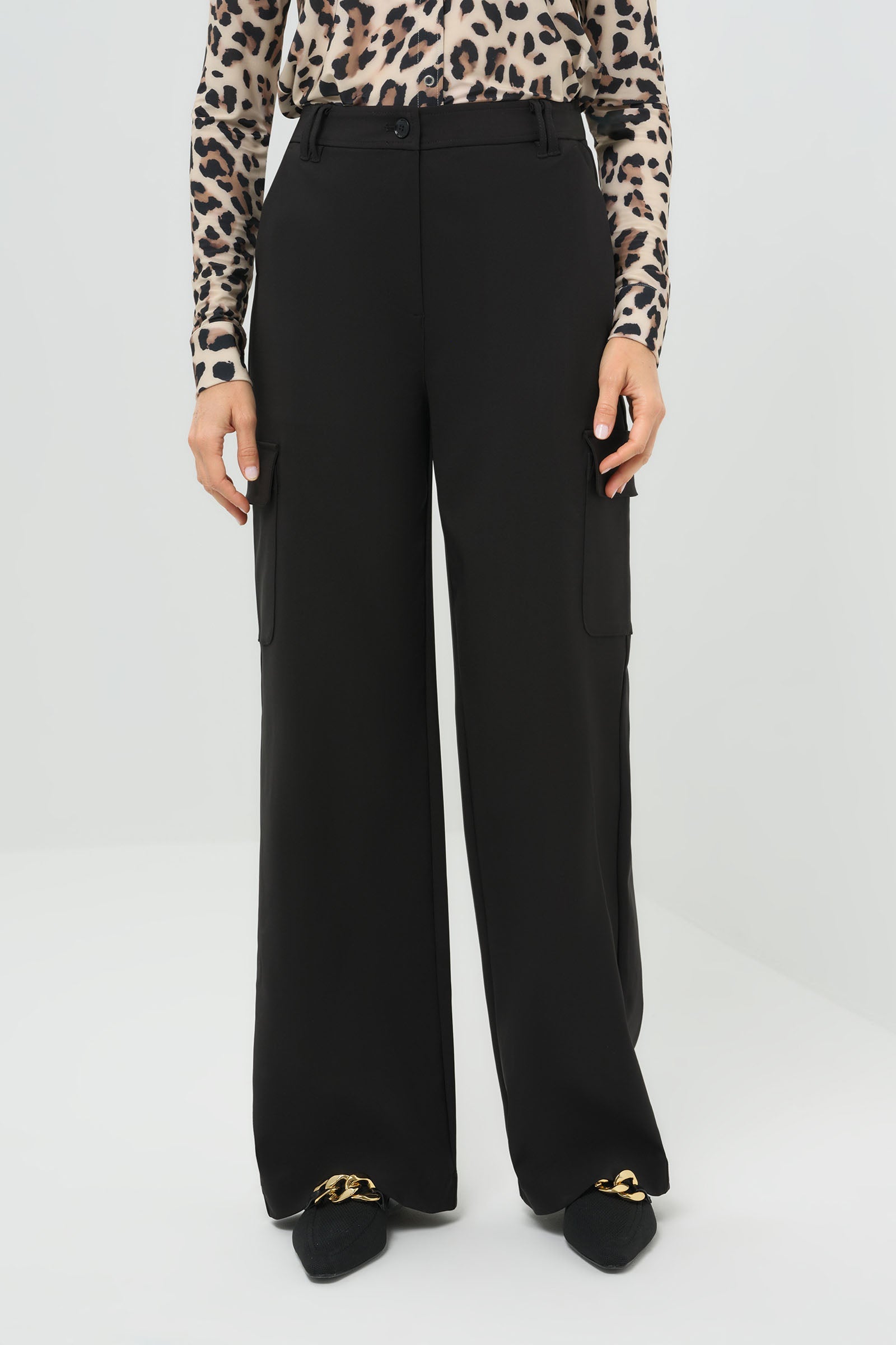 A front-facing look at the wide-leg pants, showcasing their flowing silhouette and relaxed fit.