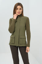 Front view of olive green jacket featuring front pockets and knitted sleeves.