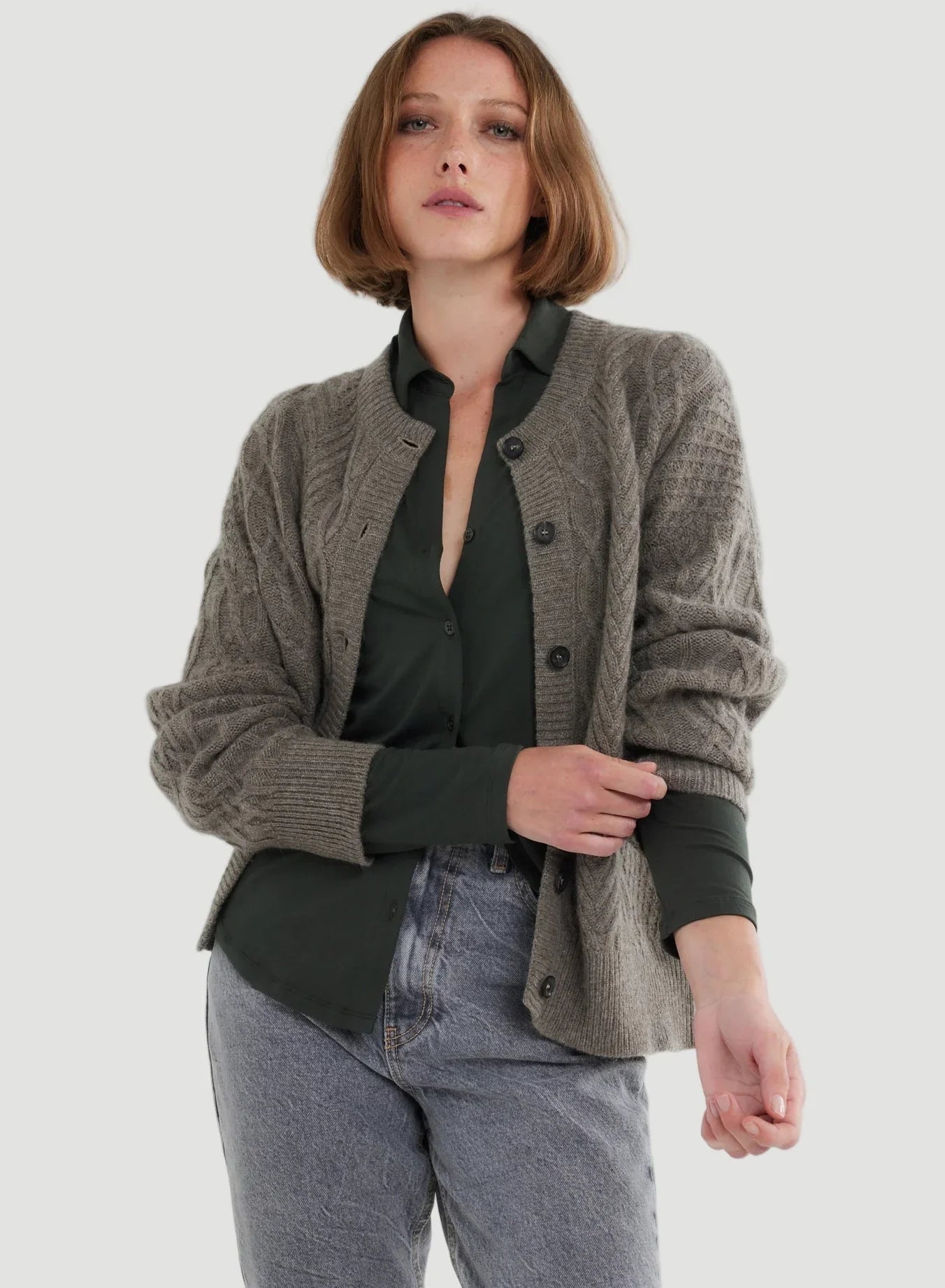 Novelty Wool Long Sleeve Cable Crewneck Cardigan - CARDIGAN - Majestic Filatures North America