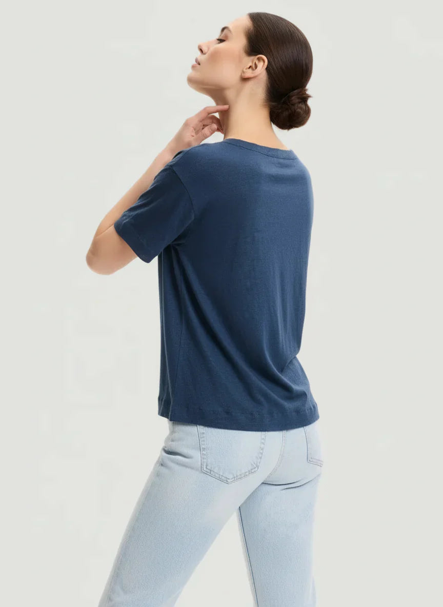 Stretch Linen Elbow Sleeve Semi Relaxed Crewneck T-Shirt - CREW ELBOW SLV - Majestic Filatures North America