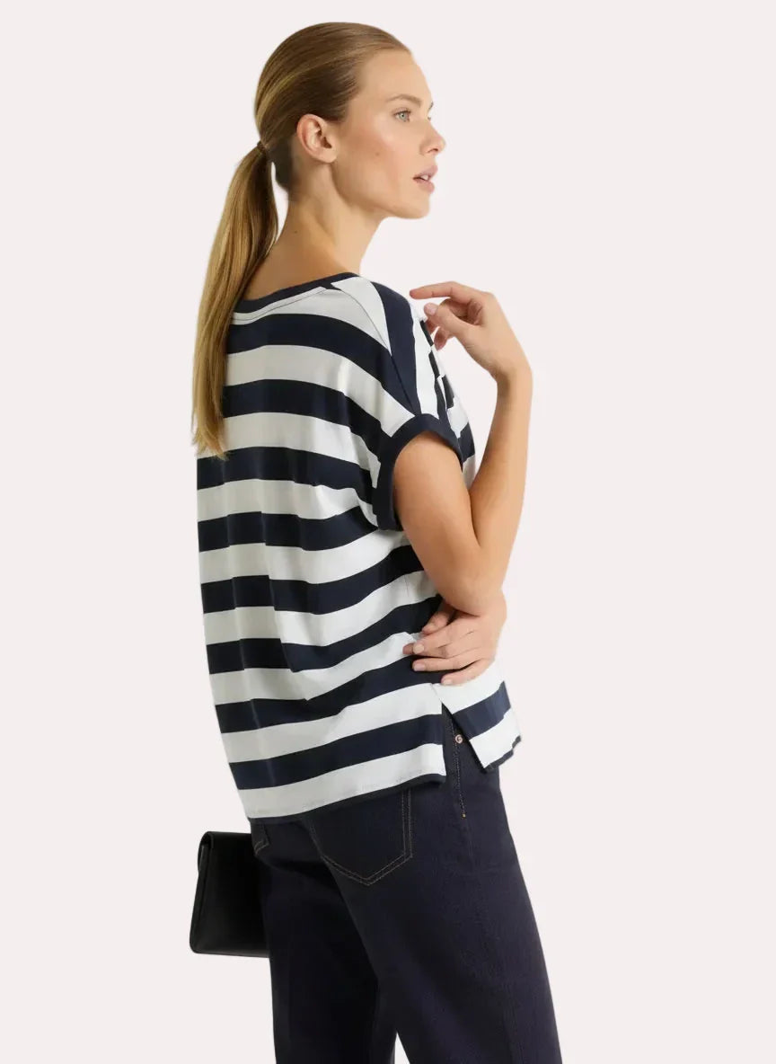 Cotton 'Silk Touch' Stripe Short Sleeve Semi-Relaxed V-Neck T-Shirt - V NECK S/S - Majestic Filatures North America
