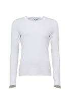 Close-up flat lay of the white Mayven Crewneck Top's contrast color button and tailored cuff detail.