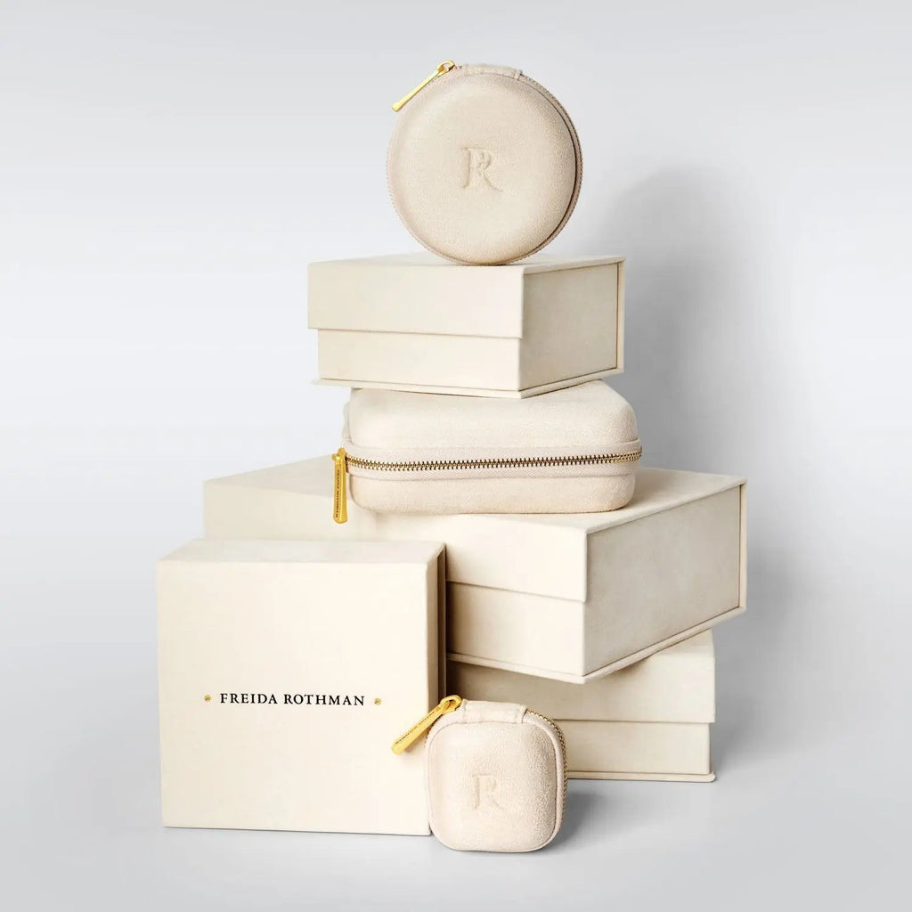 A luxurious array of cream-colored jewelry boxes and cases of varying sizes, some adorned with golden zippers. The largest box bears the name "FREIDA ROTHMAN" in black text, while the cases are embossed with an elegant "R." Each box hints at treasures like the Midnight Tri-Tone Twilight Oval Station Tennis Necklace from the Midnight brand, featuring 14K matte gold detailing and sparkling cubic zirconia stones.