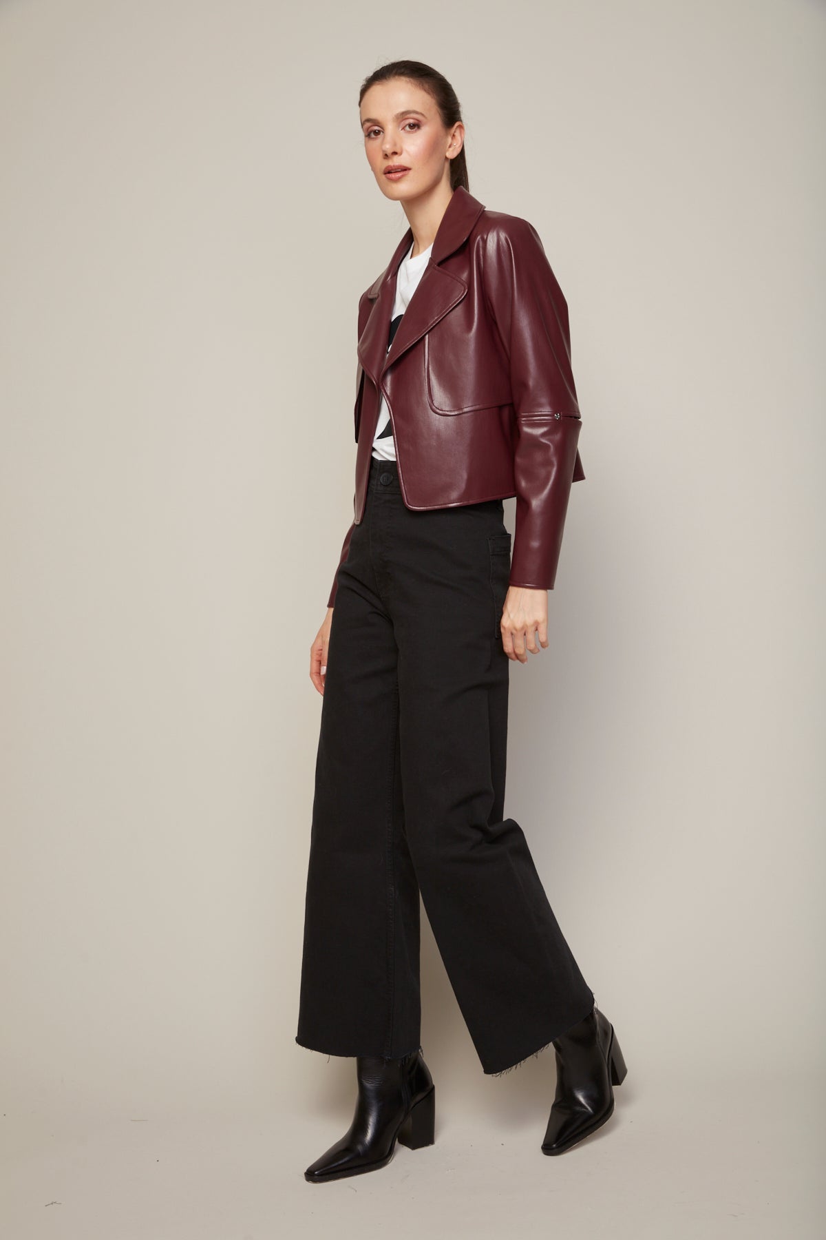 Ninon short stretch vegan leather open front jacket – Frances Kahn