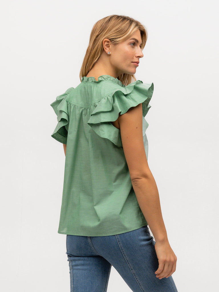 Back of a feminine green flutter sleeve shirt