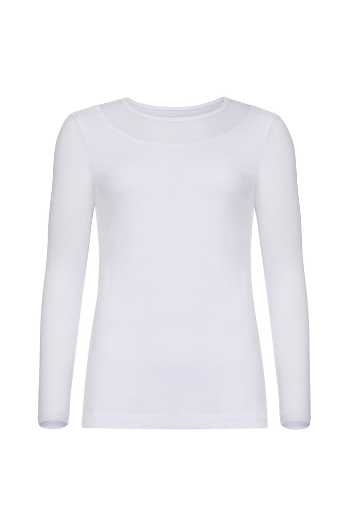 The Best Travel Top. Flat Lay of a Kim Mesh-Sleeve Top in Pima Modal in White.