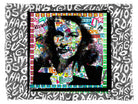 Kim - Perfect Happiness" by SUZI ROHER is a collage portrait of a long-haired woman made from colorful magazine clippings and text. Its border, styled like a quote scarf, uses black and white letters for a bold, layered effect.