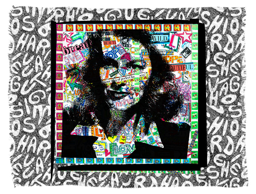 Kim - Perfect Happiness" by SUZI ROHER is a collage portrait of a long-haired woman made from colorful magazine clippings and text. Its border, styled like a quote scarf, uses black and white letters for a bold, layered effect.