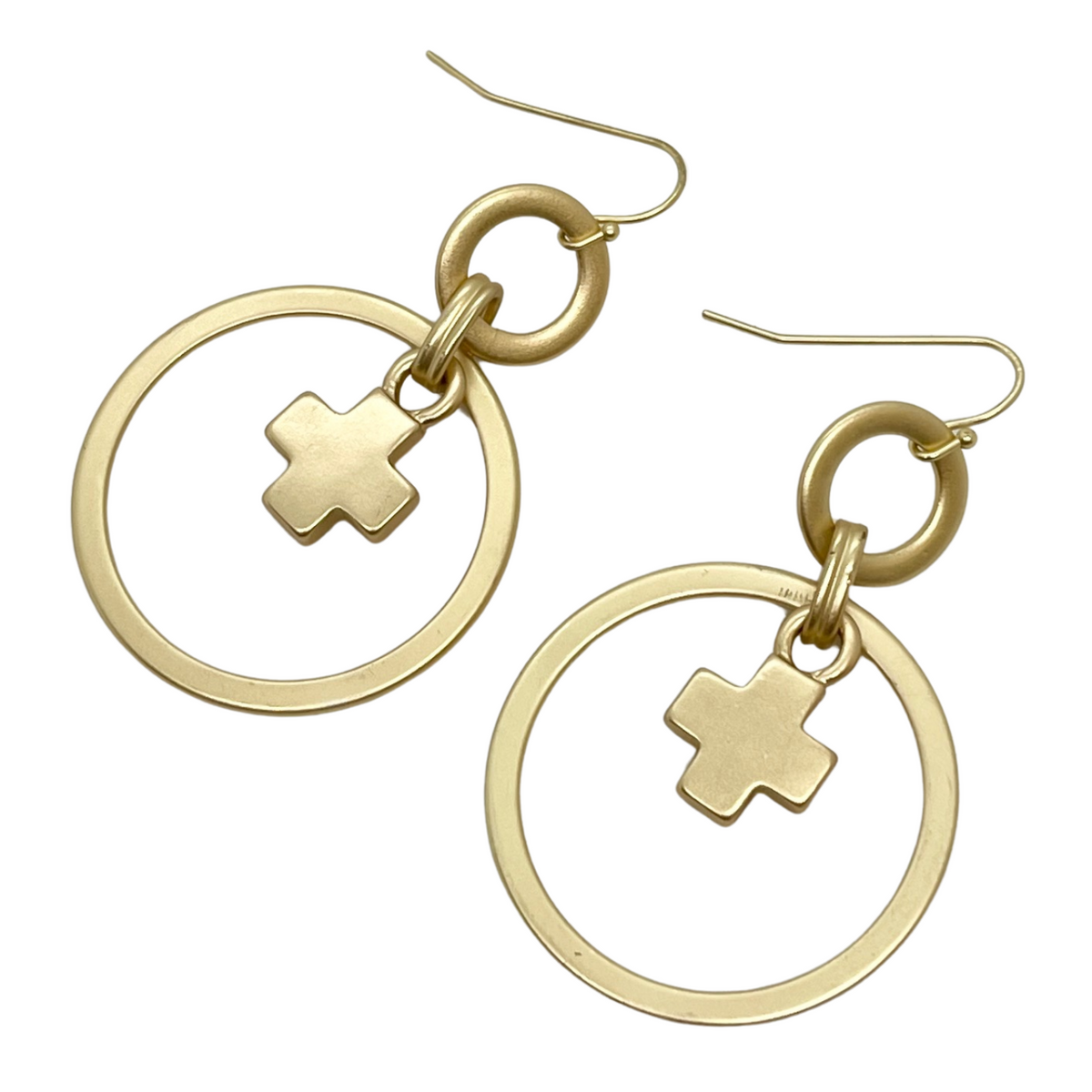 Matte Gold Cross Charm In Matte Gold Loop Earrings – Frances Kahn