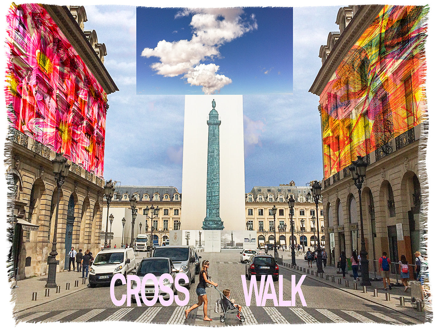 In a city square with colorful abstract art and a tall monument, people cross the pink “CROSS WALK” wearing the SUZI ROHER Kim Cross Walk soft modal silk blanket under fluffy clouds.