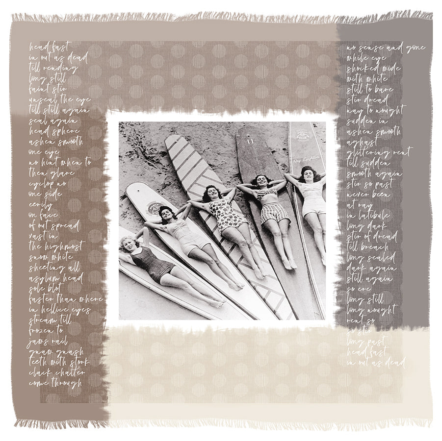 Five women in vintage swimsuits lie on longboards at the beach, smiling up at the camera. "Surfer Girls" by SUZI ROHER is framed with textured beige and brown squares and handwritten script along the borders.