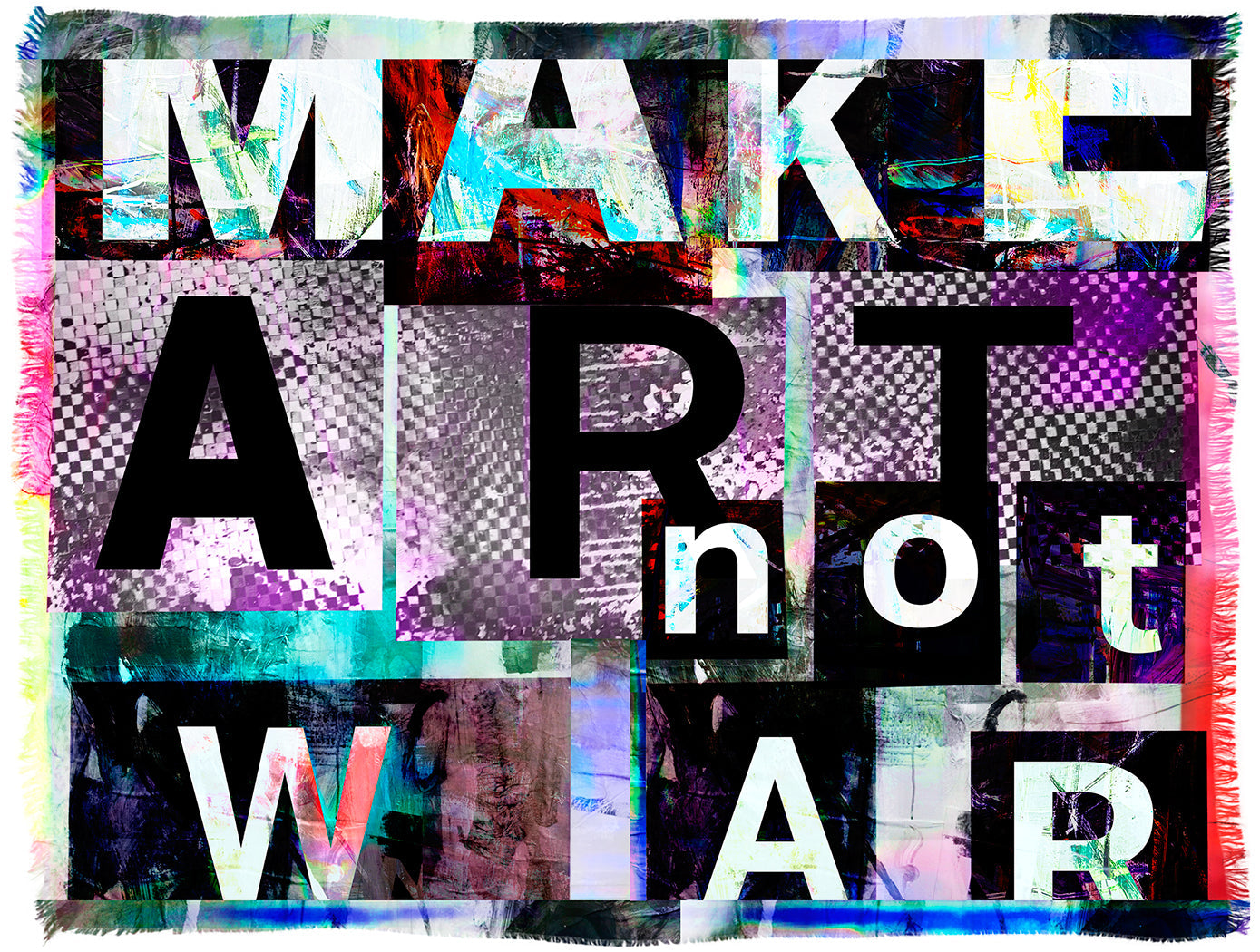 The Kim Make Art Not War scarf by SUZI ROHER features bold, colorful letters over geometric shapes and painted patterns on luxurious Italian Modal silk, creating an abstract statement accessory.