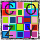 A vibrant grid of multicolored squares with bold black letters spelling COZY, bordered by a black-and-white abstract pattern—an ideal design inspiration for the "Cozy" modal silk blanket by SUZI ROHER.