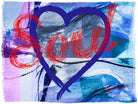 Kim Soul by SUZI ROHER features bold blue, purple, and turquoise brushstrokes with a large rough blue heart outlined at the center and “Soul” in red script—an inspiring design for this Italian-made modal silk scarf.