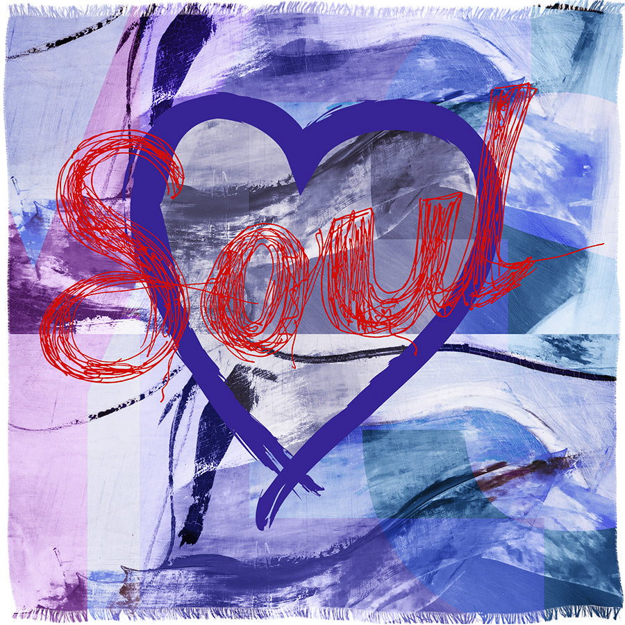 The SUZI ROHER "Soul" scarf features blue and purple brushstrokes, a bold purple heart outline, and red "Soul" script—a luxurious Modal silk accessory made in Italy.