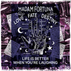 The Madame Fortuna Vol 2 tapestry by SUZI ROHER features a palmistry hand with words like “LOVE,” “FATE,” and “DESTINY,” mystical symbols, and text reading, “MADAM FORTUNA” and “LIFE IS BETTER WHEN YOU’RE LAUGHING” on a purple motif background.