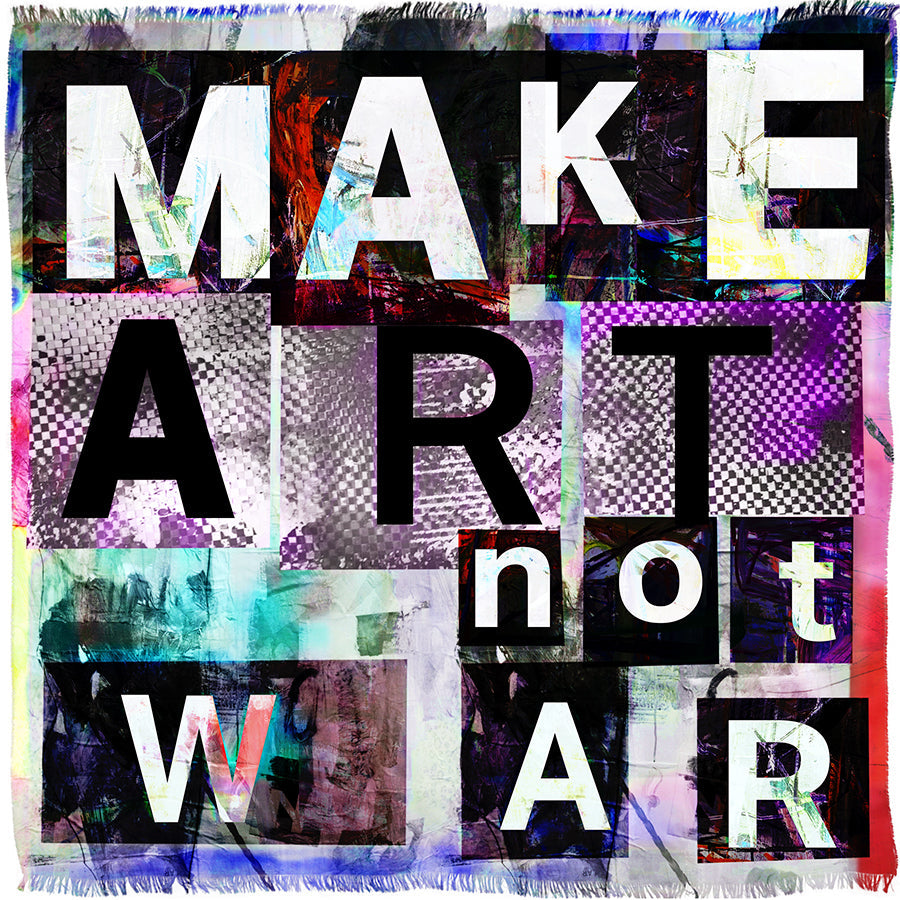 The Make Art Not War scarf by SUZI ROHER features bold, colorful block letters on a textured abstract background. Printed on luxurious modal silk, this accessory is proudly made in Italy.