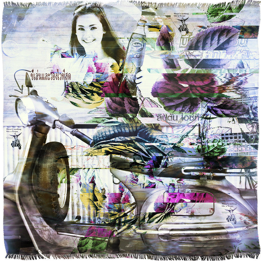 A digital collage for SUZI ROHER's "Nothing Like A Vespa" featuring a smiling woman with a bottle, colorful leaves, Thai text, and a vintage Vespa scooter, all blended with artistic textures.