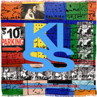 The Kiss Kiss silk scarf by SUZI ROHER, made in Italy, showcases handwritten text, B&W photos, a $10 Parking sign, and a bold blue KISS at the center. OXOXOXOXOXO (HUGS AND KISSES) appears in red along the bottom.