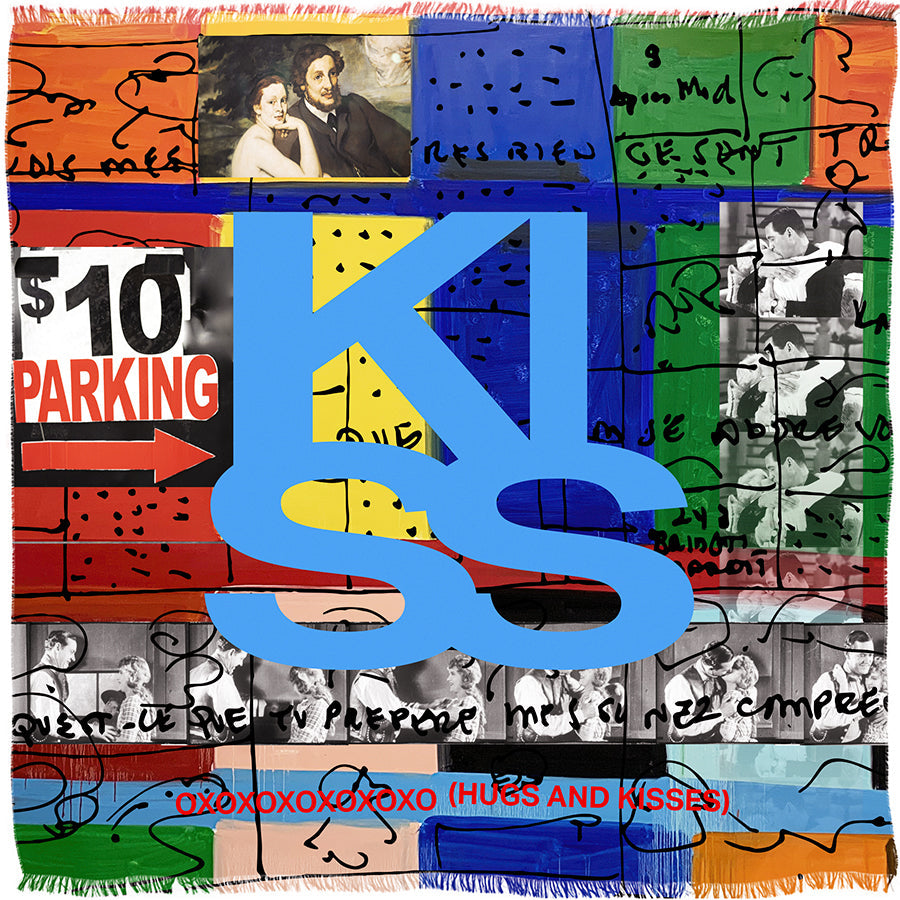The Kiss Kiss silk scarf by SUZI ROHER, made in Italy, showcases handwritten text, B&W photos, a $10 Parking sign, and a bold blue KISS at the center. OXOXOXOXOXO (HUGS AND KISSES) appears in red along the bottom.