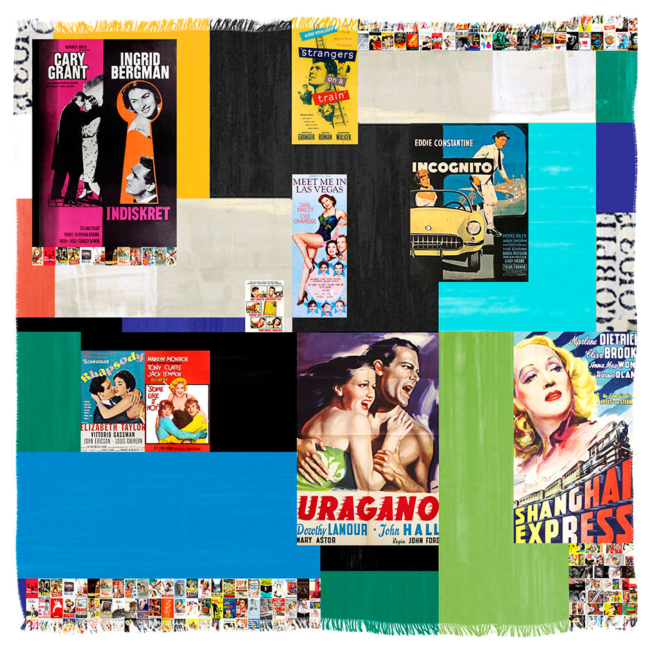 Rhapsody by SUZI ROHER showcases a vibrant collage of vintage movie posters—“Indiscreet,” “Strangers on a Train,” “Uragano,” and “Shanghai Express”—layered with bold geometric blocks, filmstrip motifs, and silk textures.