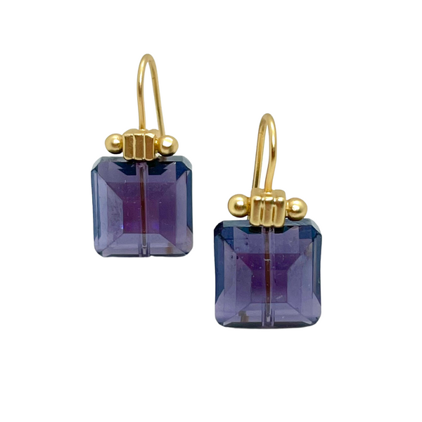 Square Purple Crystal Matte Gold Column Earrings