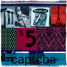 A collage by SUZI ROHER titled "Captcha" features ancient ruins, a seated woman, a vintage 7 Up sign, the Eiffel Tower, Modal Silk textures, $5 Only text, geometric shapes, and "Captcha" boldly at the bottom.