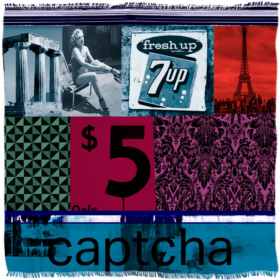 A collage by SUZI ROHER titled "Captcha" features ancient ruins, a seated woman, a vintage 7 Up sign, the Eiffel Tower, Modal Silk textures, $5 Only text, geometric shapes, and "Captcha" boldly at the bottom.