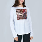 Model wears The Catherine tee by SUZI ROHER, a white 100% cotton crew neck with a vibrant graffiti-style eye and Samurai Girl graphic, abstract details on the front, paired with black pants against a light gray background.