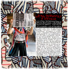 A person holds SUZI ROHER's "Dubuffet" poster, hiding their face, against a wall. The image features an abstract, colorful textile border with handwritten exhibit details and notes on artistic creation in Venice, Made in Italy.