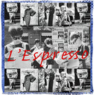 A collage of black-and-white vintage photos of stylish women reading newspapers is overlaid with red “L’Espresso” text and framed by a blue border, capturing Italian charm in this SUZI ROHER product named L’Espresso.