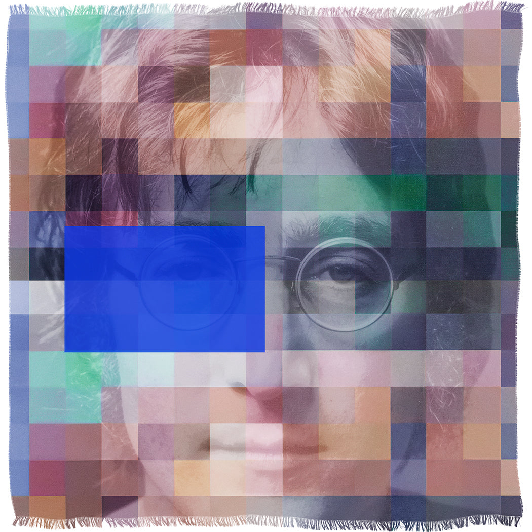 SUZI ROHER’s "Lennie" scarf features a pixelated portrait of John Lennon with glasses, accented by a transparent blue rectangle on the left, colorful mosaic squares, and fringed edges that highlight its woven modal silk texture.