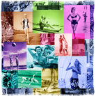 The "Life Is A Beach" scarf by SUZI ROHER showcases a vibrant collage of vintage beach photos—men and women in swimsuits relaxing along palm-fringed shores—evoking a Marilyn Monroe vibe on luxurious modal silk.