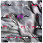 A blurred, abstract background with words like “(love)bird” and “revo(love)ution” embodies the spirit of love on SUZI ROHER’s Lovefest modal silk scarf, artfully crafted in Italy.