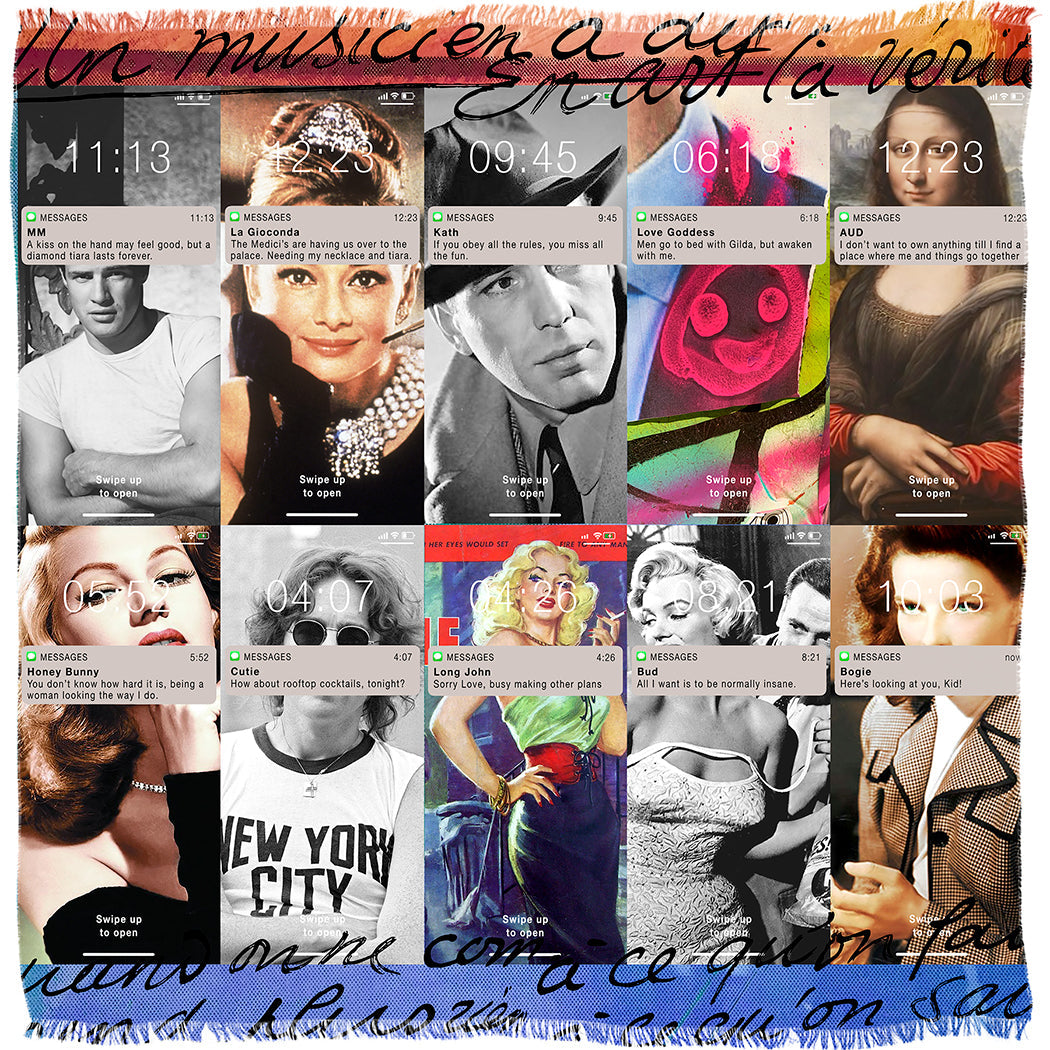 A collage of vintage Hollywood celebrities with smartphone texts and clocks overlays classic glamour shots. Handwritten script borders evoke the feel of an Italian-made SUZI ROHER scarf, blending timeless style and modern tech—introducing: Messages.