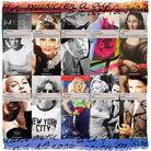 A collage of vintage Hollywood celebrities with smartphone texts and clocks overlays classic glamour shots. Handwritten script borders evoke the feel of an Italian-made SUZI ROHER scarf, blending timeless style and modern tech—introducing: Messages.