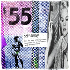 The SUZI ROHER "Syntony" mixed media collage showcases a large $55, a black-and-white woman’s photo, a man’s statue, patterns, and the harmony-themed "synton" definition—like their modal silk scarf made in Italy.